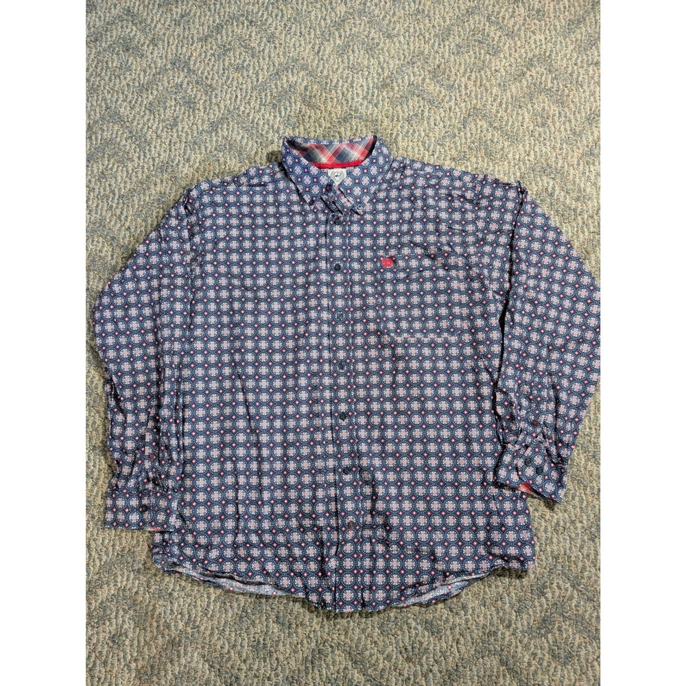 Cinch Mens Navy Red Geometric Medallion Western Button Down Shirt MTW1105275 M